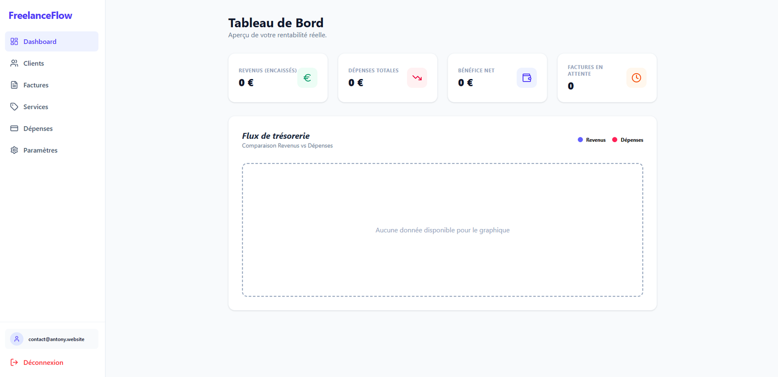Vue de l'interface de création de facture avec prévisualisation en temps réel et tableau de suivi des paiements.